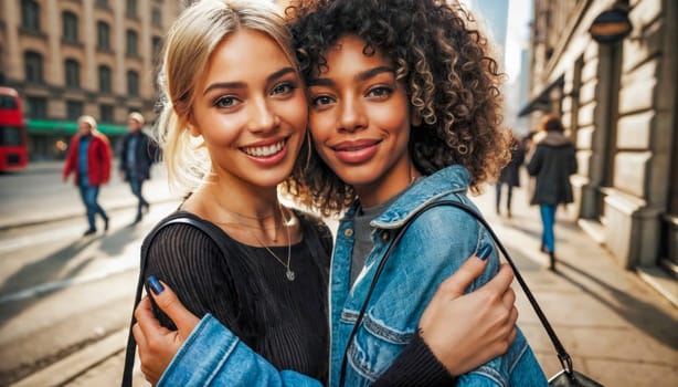 Two young women, one with blonde hair and the other with curly dark hair, hug and smile on a busy city street. The urban background features people walking and buildings, creating a lively atmosphere.