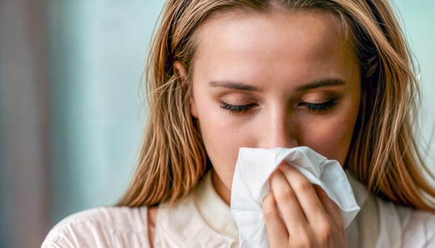 A young woman in her 20s blowing her nose with a tissue. She appears to be indoors and is possibly experiencing cold or allergy symptoms.