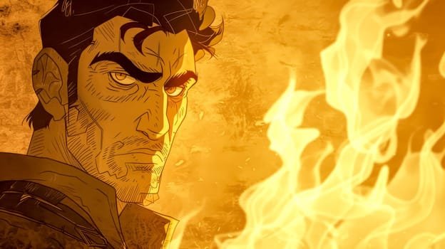 Tough man with a scar on his face exudes confidence against a fiery backdrop, radiating power and courage. The image evokes strength and bravery, reminiscent of a hero from a graphic novel