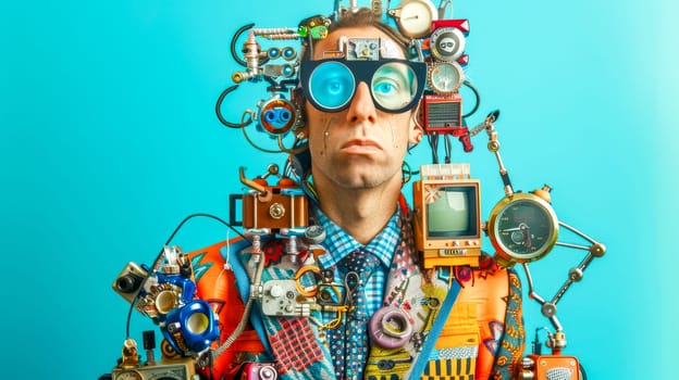 Engineer is covered with a complicated machine made of various mechanical and electronic components, showcasing a fusion of technology and human ingenuity