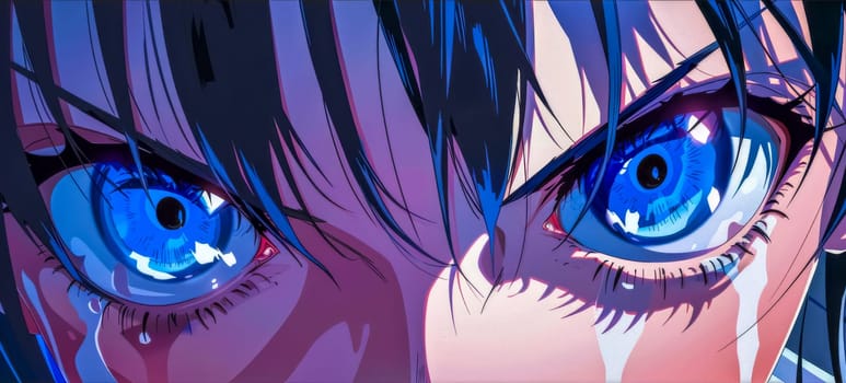 Illustration of a powerful and emotional moment of an anime character with glowing blue eyes, expressing sadness, anger, or determination