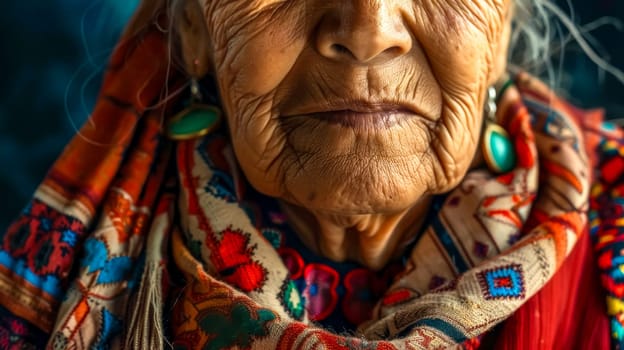 Close-up of a senior native american woman with traditional clothing and turquoise earrings. Her face shows the effects of time and experience