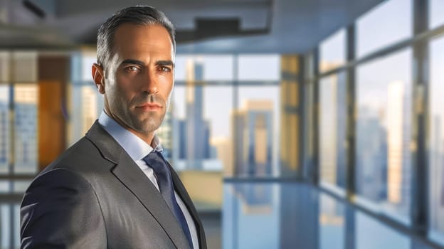 Mature businessman in a suit is posing in a modern office with large windows offering a panoramic view of a city skyline