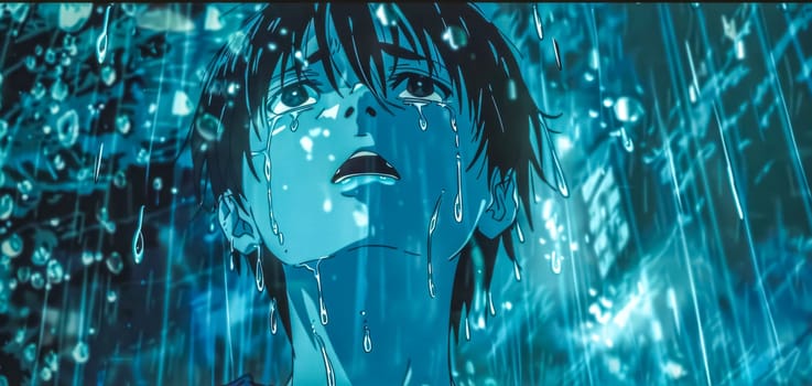 Young man stands alone in the pouring rain, tears streaming down his face, looking up at the dark sky with a melancholic expression, evoking feelings of sadness, loneliness, and despair