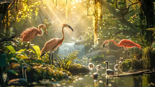 Beautiful pink flamingos and exotic birds are standing on rocks and in a pond in a lush tropical jungle with a waterfall in the background