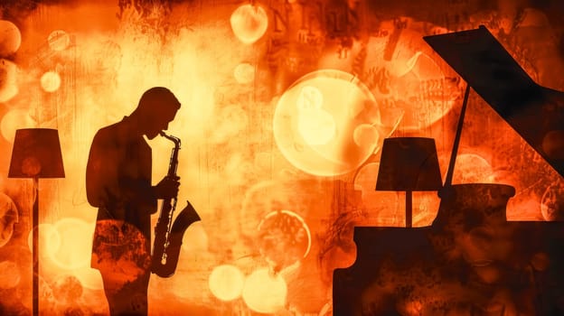 Silhouette of a musician playing a saxophone in the foreground with a piano silhouette in the background and a grunge texture overlay