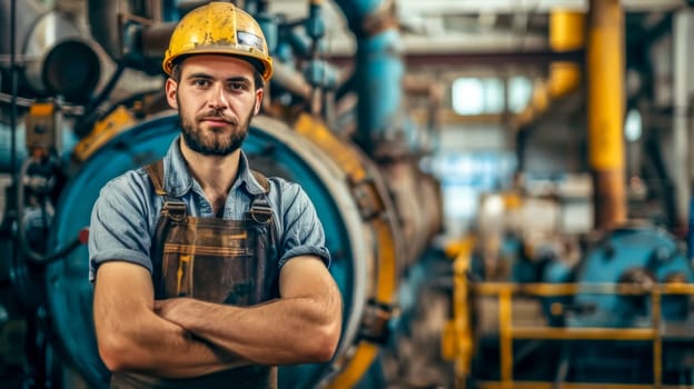 Confident blue-collar worker in factory setting, overseeing machinery. Professional and skilled, emphasizing safety and expertise. Man in overalls and hardhat, exuding confidence
