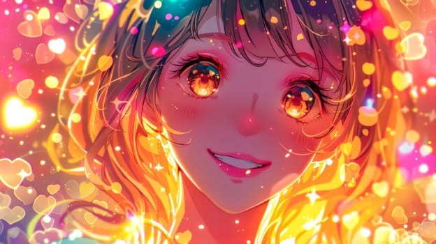 Anime style illustration of a young woman with brown hair and glowing golden eyes, smiling serenely against a vibrant background of bokeh lights and hearts