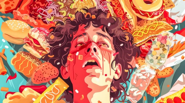 Illustration of a young man with curly hair, lying down, covered with junk food and looking desperate, a concept for food addiction and overconsumption