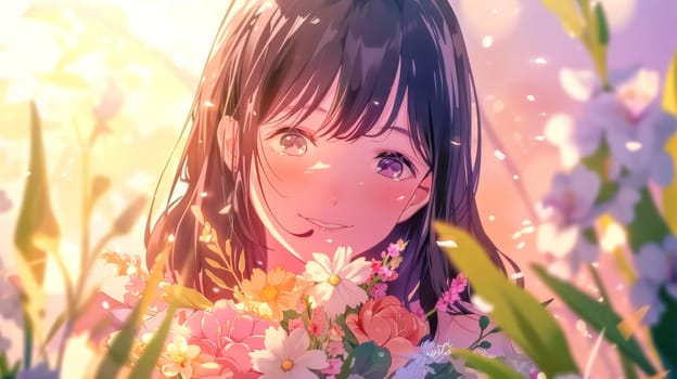 Beautiful anime girl with long, dark hair and purple eyes smiles among colorful flowers, radiating happiness and tranquility in a peaceful garden scene