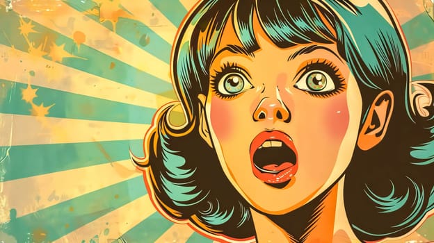 Young woman with blue hair looks shocked and amazed in a pop art style illustration, perfect for conveying astonishment with bold colors and retro vibes. Perfect for projects needing excitement