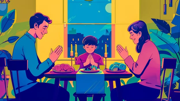Happy family is giving thanks before enjoying their healthy meal together in their cozy apartment at night, with a cityscape in the background