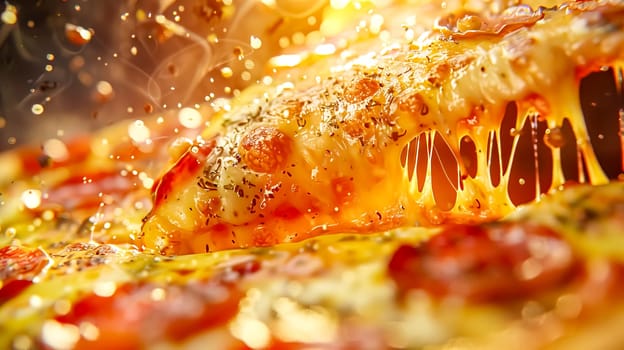 Mouthwatering closeup of a hot pepperoni pizza slice being lifted up. With melting cheese stretching and oregano sprinkled on top