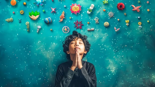 Young boy with black hair wearing a black shirt, praying with his eyes closed, while a universe with symbols appears above him