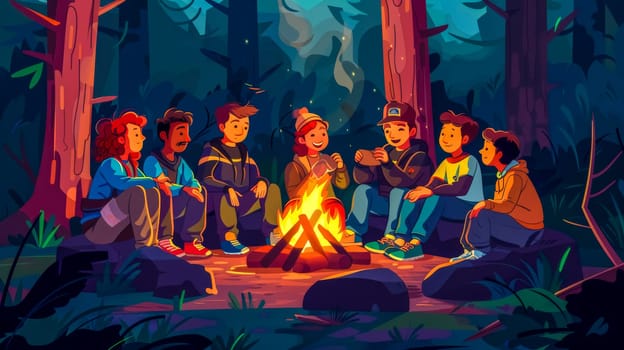 Friends gather around a campfire in the forest, sharing stories and laughter under the twinkling night sky. Enjoying warmth and togetherness in nature, capturing youth, friendship, and outdoor joy