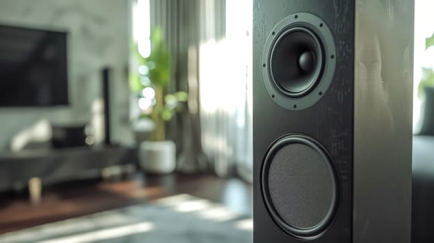 Sleek black tower speaker fills the room with music, blending seamlessly with the modern living room backdrop