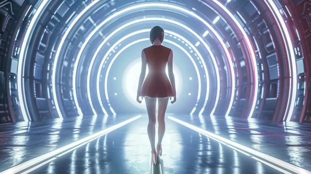 Woman walks alone in a futuristic tunnel with vibrant lights, hinting at progress and innovation