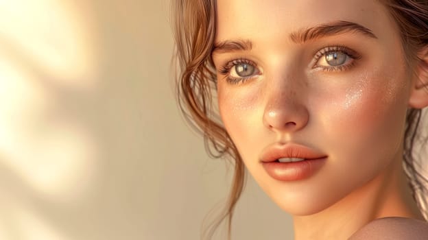Young woman with freckles and light makeup basks in golden hour sunlight, exuding natural beauty