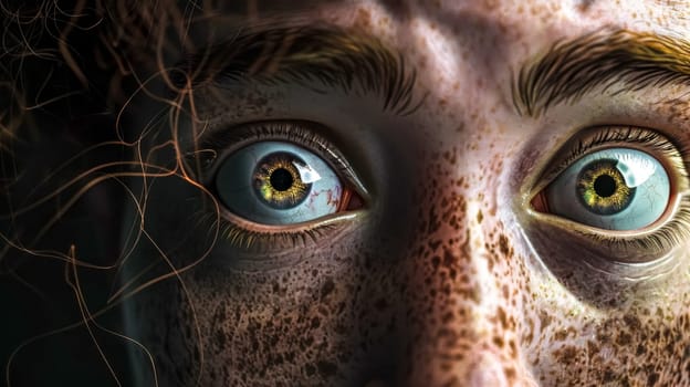 Close-up of a face with freckles showing wide open eyes, expressing fear and panic, with glowing lines in the background