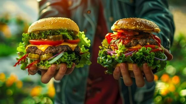 Man holding two delicious homemade burgers with fresh veggies and beef patties, topped with cheese, lettuce, tomato, and onion on sesame buns. Perfect for a satisfying meal