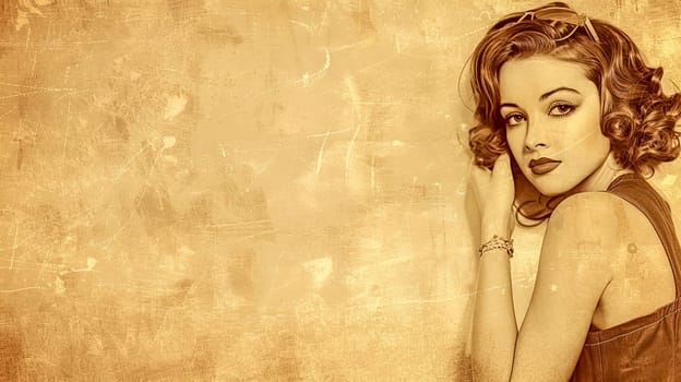 Glamorous woman with a retro 1940s hairstyle and sunglasses on her head is posing in a sepia toned image with copy space
