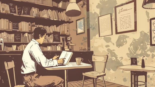 Young man is sitting in a cafe, enjoying a coffee break and studying for his next exam. He is surrounded by books and appears to be very focused on his work