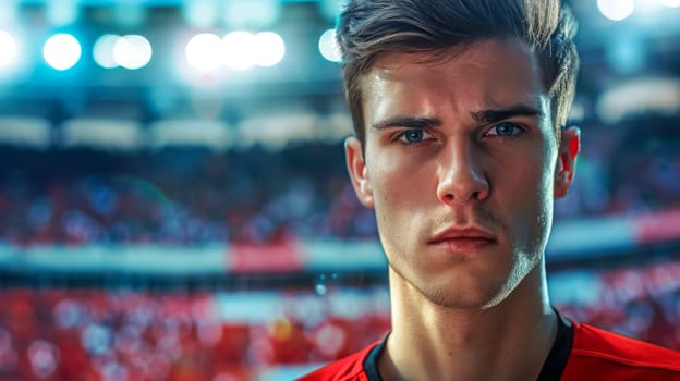 Serious male soccer player is standing on the field in a large stadium, illuminated by bright lights. The crowd is out of focus behind him