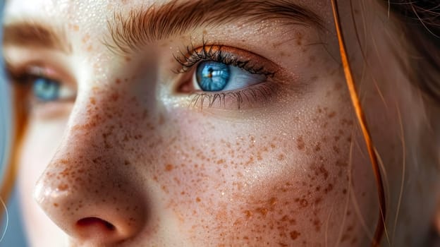 Close-up of a young woman with freckles and blue eyes, highlighting her natural beauty and unique features. Her clear skin and delicate features are emphasized by the soft lighting