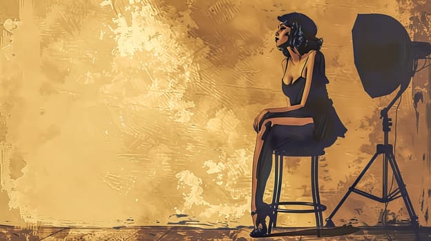 Illustration of a beautiful model posing sitting on a stool, illuminated by a studio flash, during a fashion photoshoot