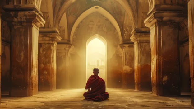 Buddhist monk wearing a red robe is sitting in the lotus position, meditating inside a temple with the sun shining through the doorway