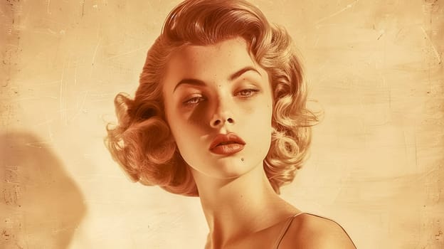 Portrait of beautiful caucasian woman with short blonde hair styled in 1950s fashion posing in studio with vintage effect
