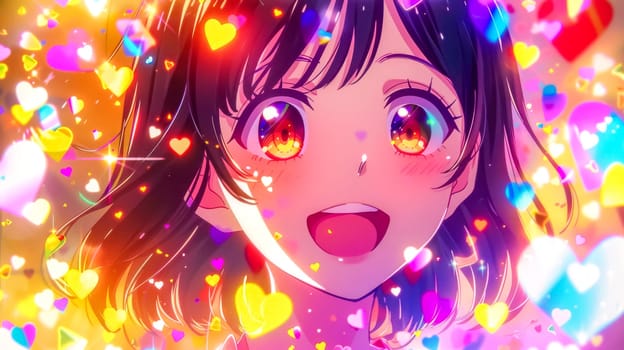 Anime girl with brown hair and golden eyes smiling surrounded by colorful hearts, conveying a feeling of joy, affection, and pure bliss