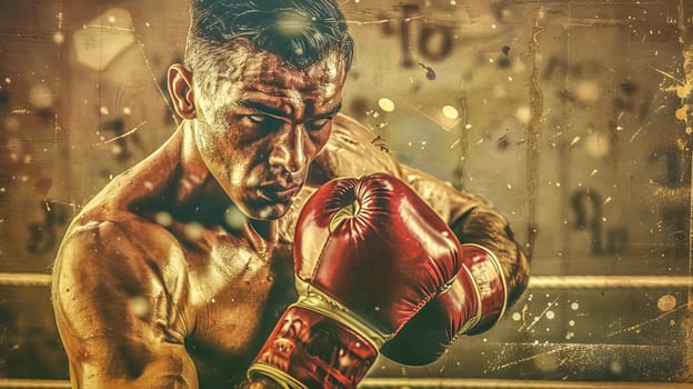Focused boxer in the ring, ready for a fight. Intense gaze shows determination. Energy and anticipation fill the air. Vintage background adds drama