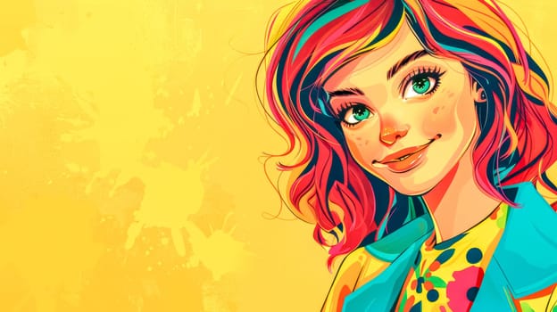 Illustration of a cheerful young woman with colorful hair against a vibrant yellow background, conveying a sense of joy and individuality