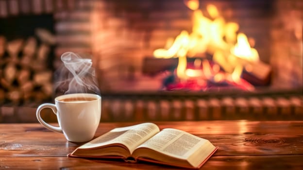 Steaming cup of coffee and an open book are resting on a wooden table in front of a cozy fireplace, creating a warm and inviting atmosphere