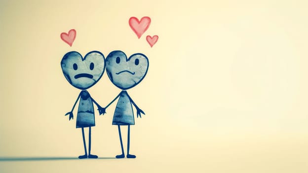 Two sad cartoon characters with heart-shaped heads holding hands, expressing emotions of heartbreak and loneliness. Illustrating the complexities of love, breakups, and lost love