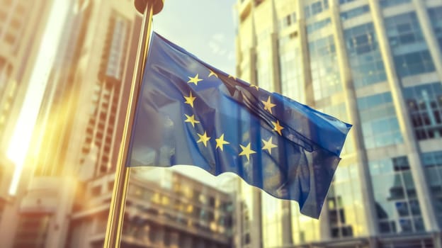 European union flag is waving in the wind in front of modern office buildings, representing the concept of business and finance in the eu