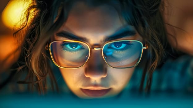 Young woman with glasses works late on her laptop in a dimly lit office, showing dedication and focus