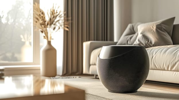 Black smart speaker is playing music in a modern living room with minimalist furniture and a large window letting in natural light