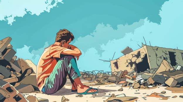 Illustration of a sad refugee boy sitting alone in the rubble of a destroyed city, conveying the devastating impact of war and displacement