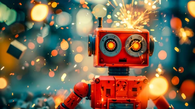 Red toy robot stands playfully in front of exploding fireworks and colorful lights, creating a fun and exciting scene perfect for special events like new year's eve or the fourth of july