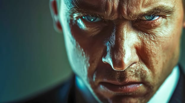 Close-up portrait of stern businessman in dark suit, exuding professionalism and seriousness with intense expression and blue eyes hinting at conflict and stress in corporate setting