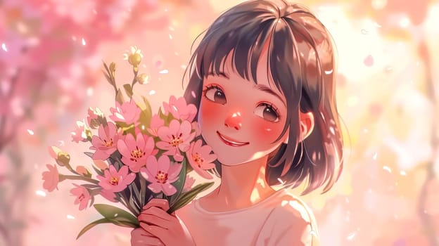 Young woman with rosy cheeks is holding a bouquet of pink flowers with a soft smile as flower petals gently fall around her