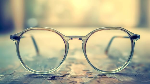 Round eyeglasses with thin metal frames on a wooden surface, contrasting with a warm background. Vintage style for work or study. Wooden desk adds character, soft bokeh enhances appeal