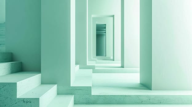Walking through a modern staircase to a minimalist doorway, with green tones enhancing the design. Clean lines and shapes create a contemporary pattern, blending art and style