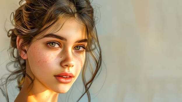 Young woman with an elegant updo and freckles basks in warm sunlight indoors, exuding calm and grace. Her green eyes and healthy glow captivate, making her look attractive and fresh