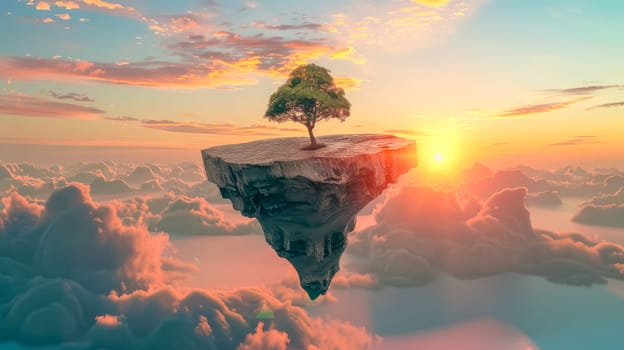 Serene sunset scene with a lone tree on a rock island under a colorful sky, evoking peace and hope