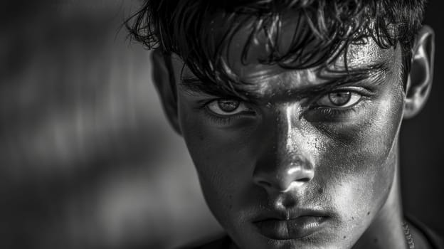 Determined young man with wet hair and a serious expression stares intensely in a captivating black and white portrait against a dark background, conveying emotional intensity
