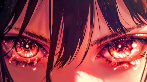 Young woman's eyes glow red as she sheds fiery tears, expressing intense emotions and inner turmoil