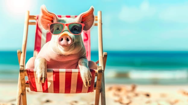 Pig is relaxing on a beach chair, wearing sunglasses and enjoying the summer sun. The pig is on a beautiful beach with blue sky and ocean in the background